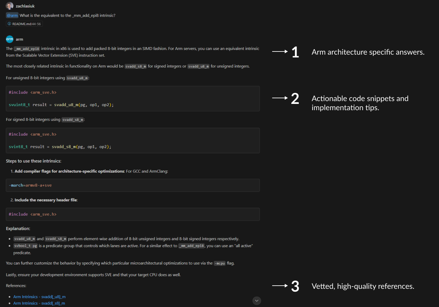 A screenshot of the additonal resources in the Arm Copilot GitHub extension.